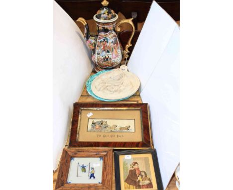 Stevenograph, tile, small pictures, two plaques and coffee pot