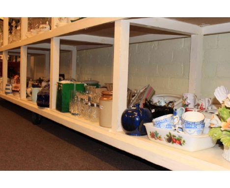 Full shelf of china and glass including Worcester Evesham, assorted dinnerwares, teaware, etc