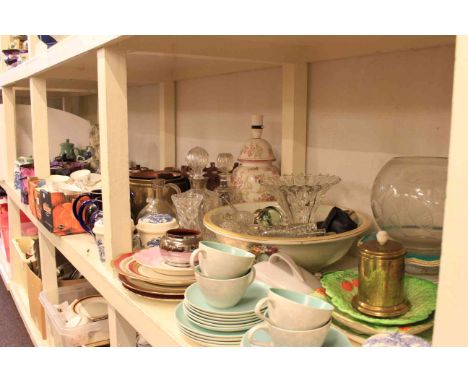 Glass decanters, stoppers, Poole and other teaware, soapstone carving and various china