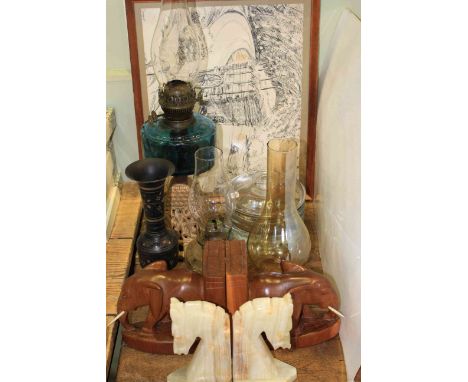Victorian oil lamps, bookends, sketch, vase and glass jar