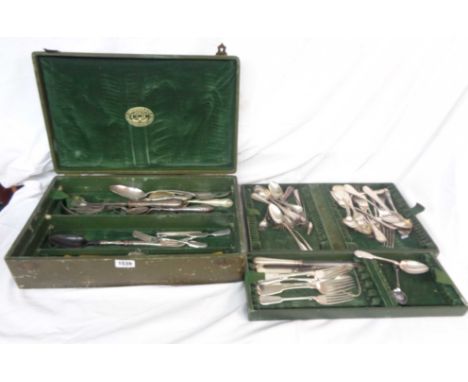 A Christofle tray fitted canteen containing a quantity of French and English silver plated cutlery including a pair of fish s