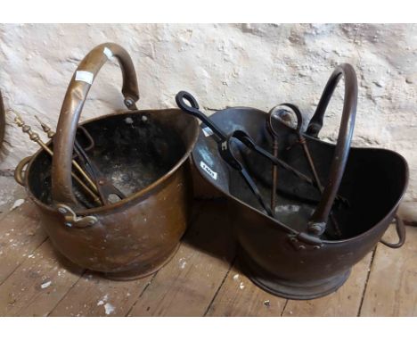 A Georgian coal scuttle - sold with five fire tools and another scuttle
