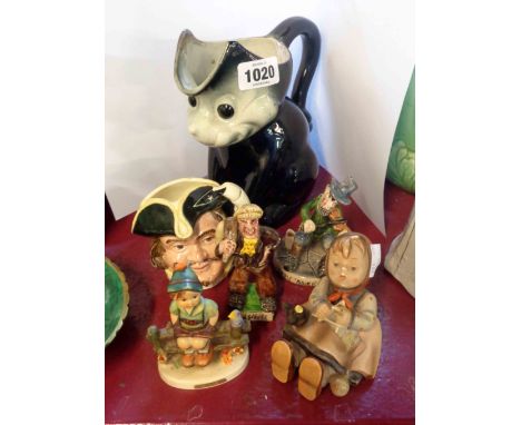 A vintage pottery water jug, depicting a smiling cat (a/f) - sold with a small quantity of figures including Hummel and Will 