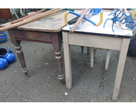 A vintage enamel top kitchen table - sold with another wooden similar