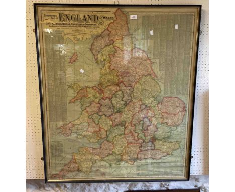 A large vintage coloured Scarborough's Map of England and Wales, depicting Counties and Boroughs with the Railways, Steamship