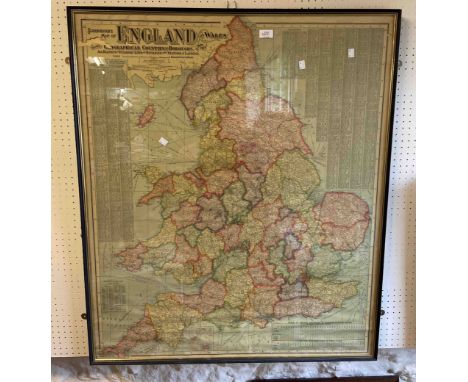 A large vintage coloured Scarborough's Map of England and Wales, depicting Counties and Boroughs with the Railways, Steamship