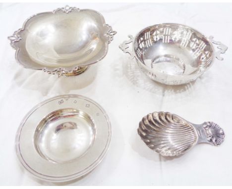 A small silver pedestal bon bon dish - sold with another with flanking handles and pierced decoration, a silver alms dish sty