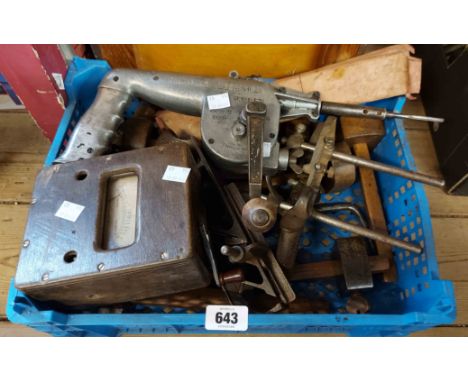 A blue crate containing a quantity of vintage tools including Rawlplug Mechanical hammer, etc.