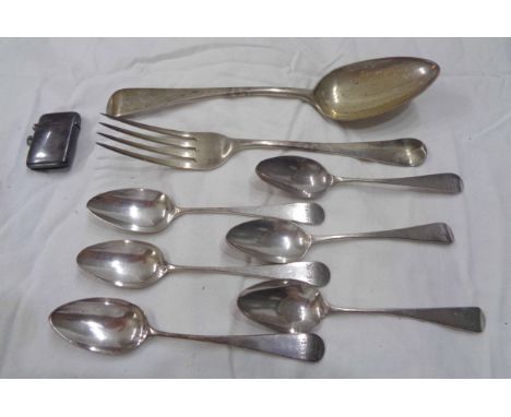 A set of six Georgian silver teaspoons with initials to terminals - sold with a silver fob vesta case, a silver tablespoon an