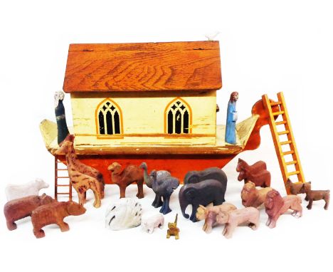 A hand made First World War period Noah's Ark toy set with original paint and contents along with glued in Bible verse to int