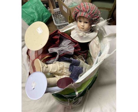A bag containing four vintage puppets including Pelham, etc. - sold with a quantity of porcelain headed dolls on stands