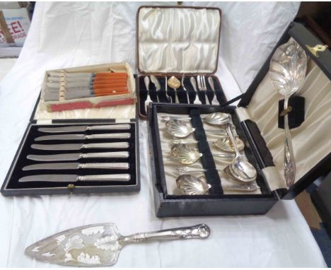 A cased set of six silver handled tea knives - sold with other cased and boxed silver plated cutlery