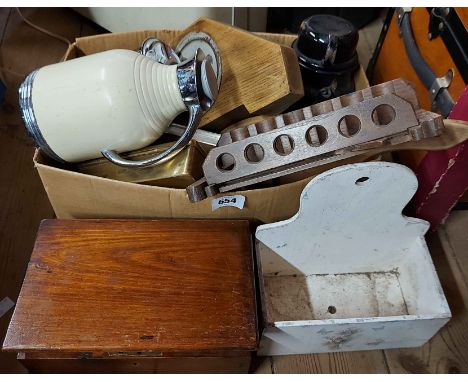 A box containing a quantity of assorted collectable items including a wooden pipe rack, wooden box, etc.