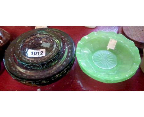 A Whitefriars glass green dish with internal controlled bubble decoration and a smaller similar - sold with two Davidsons jad