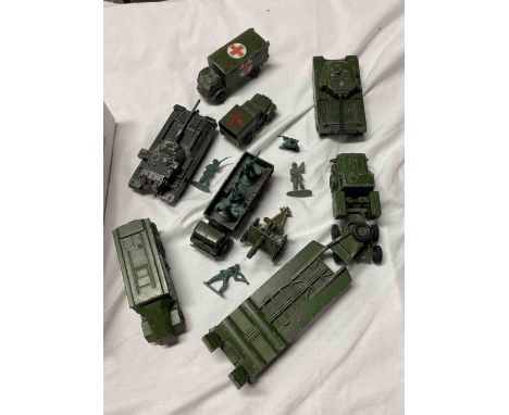 A box containing a quantity of vintage Dinky and Corgi toy army vehicles including Chieftain, Armoured command Vehicle, Centu