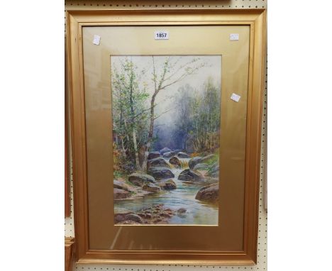 Rubens Southey: a gilt framed and slipped watercolour, depicting a woodland river landscape with rocks in foreground - signed