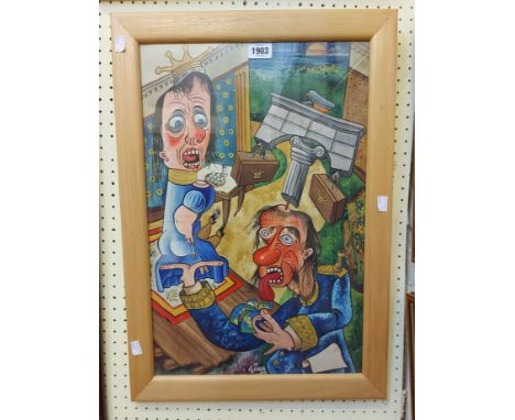 †Ginn (local artist): a framed mixed media cartoon of two people in an interior with seascape beyond - signed and dated '97