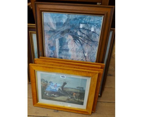 A selection of framed coloured prints including a set of four maple framed hunting prints, etc.