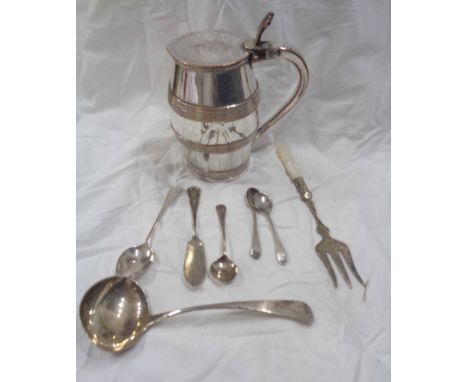 A silver ladle, four small silver spoons and a butter knife - sold with a silver plated copper barrel form lidded tankard and