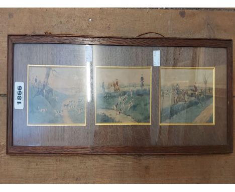 A vintage oak framed triptych of small format hunting scene watercolours