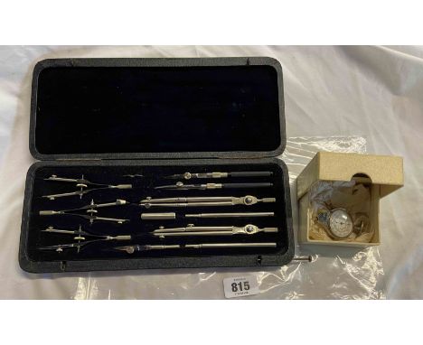 A vintage cased set of drawing instruments - Lee Guinness Ltd. Belfast - sold with a chrome plate map/chart roller meter