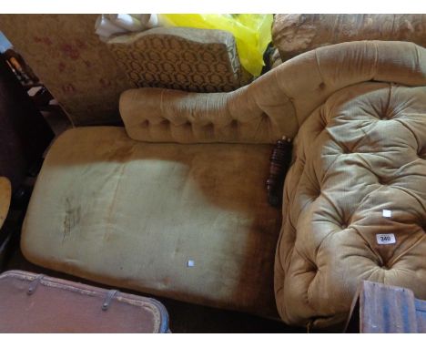 A 1.6m Edwardian chaise longue with button back old gold velour upholstery, set on turned legs with casters - 1 detached