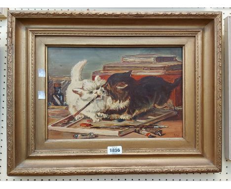 L.W. (manner of Louis Wain): an ornate gilt framed oil on canvas, depicting two kittens fighting over a paint brush with othe