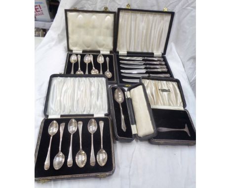 Two cased sets of six each silver teaspoons - sold with a cased silver teaspoon, cased pusher (spoon missing) and a cased set