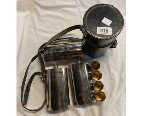 A vintage German leather cased and EPNS hunting flask set with shot glasses
