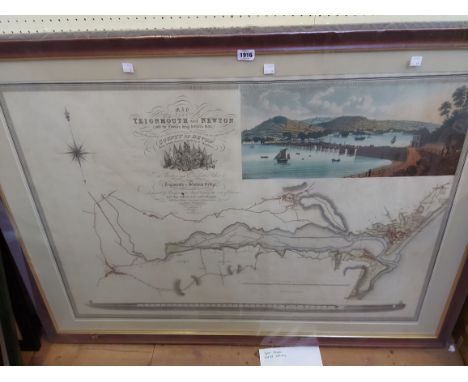 A framed 1828 R. Hopkins map print of Teignmouth and Newton in the county of Devon with coloured vignette and side elevation 