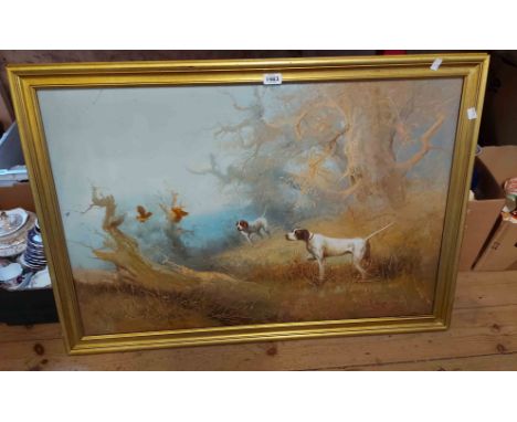 A gilt framed large oil on canvas, depicting hunting dogs