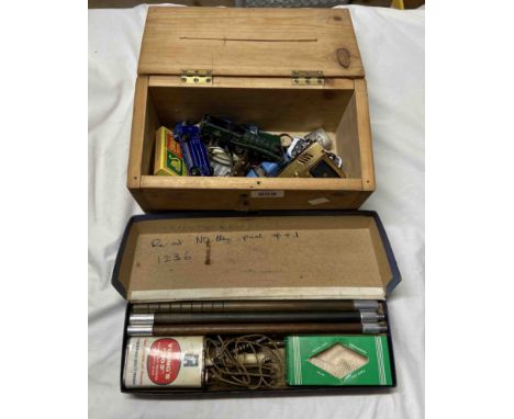 A box containing a small quantity of play worn model cars and a novelty lighter of pistol form - sold with a vintage shotgun 