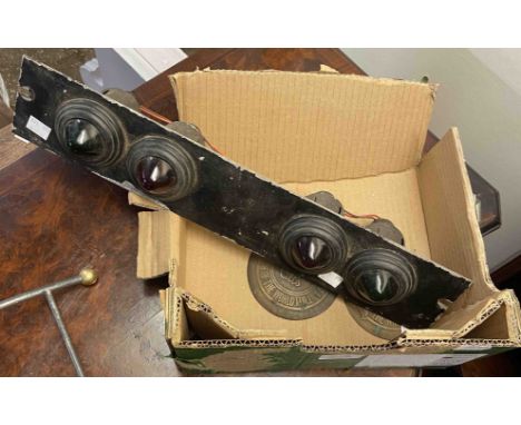 A pair of vintage Waygood Otis elevator plaques - sold with an old red and green light panel