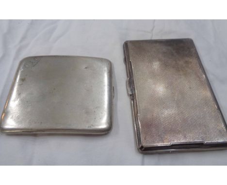 Two silver cigarette cases comprising one with engine turned decoration and internal initials, the other plain with exterior 