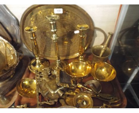 A Tray Containing Brass Items to Include Pestle and Mortar, Candle Sticks, Etched Tray, Toasting Fork Etc.  