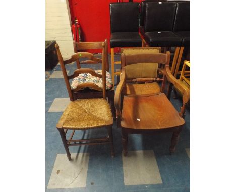 A Pretty Edwardian Rush Seated Ladder Back Side Chair Together with Three Other Chairs. 