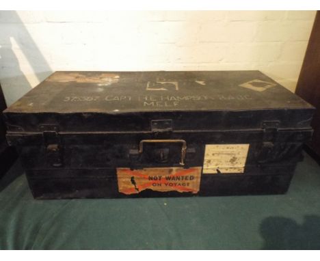 A Military Travelling Trunk Inscribed Captain H E Hampson RADC  MELF with Not Wanted on Voyage Paper Label.
