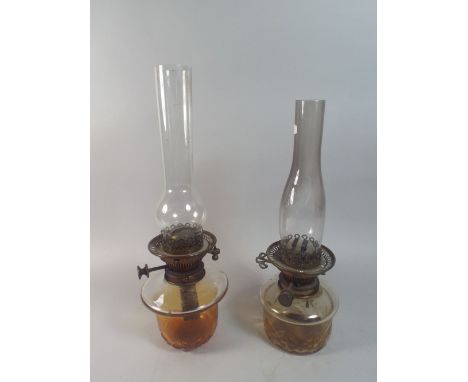 Two Victorian Glass Oil Lamp with Chimneys. 