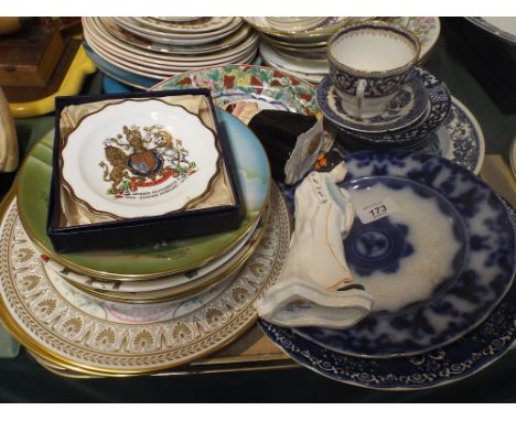 A Collection of Decorated Plates, Flow Blue Plate, Coalport Peep Bo Figure(AF), Blue and White Saucers Etc. 