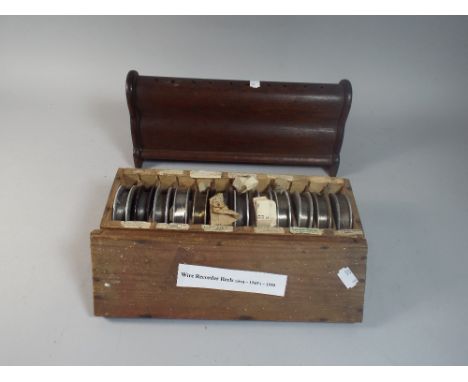 A Box Containing Wire Recorder Reels Circa 1940's - 1950's and An Oak Chisel Stand.