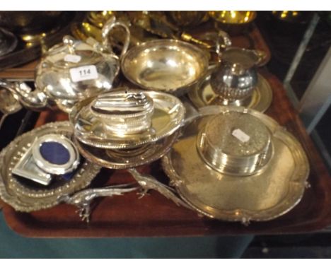 A Tray of Silver Plate to Include Pheasant Ornaments, Teapot, Cream Jug, Salver, Table Lighter Etc. 