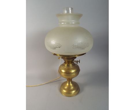 A Brass Table Lamp with Etched Glass Shade. 