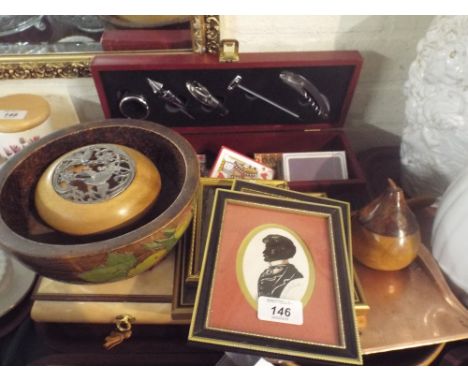 A Tray Containing Treen Ware, Wine Box, Playing Cards, Modern Silhouettes Etc. 