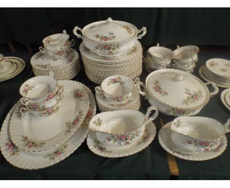 A Collection of Royal Albert Moss Rose Dinner Wares to Include Sixteen Dinner Plates Twelve Side Plates Twelve Soup Bowls, Tw