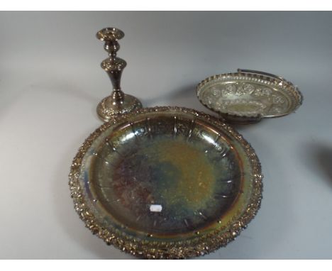 A Collection of Silver Plate to Include Cake Basket, Circular Pierced Bowl, Candle Stick. 