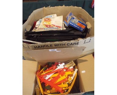 A Box Containing Large Quantity of Scalextric Track Controllers Transformers and Catalogues Together with A Box of Barriers B