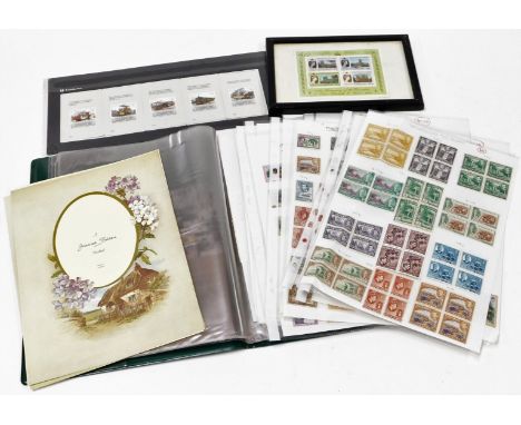 A group of stamps, to include a framed St Vincent Coronation Queen Elizabeth II stamp group, Australia's Historic Tramways fi