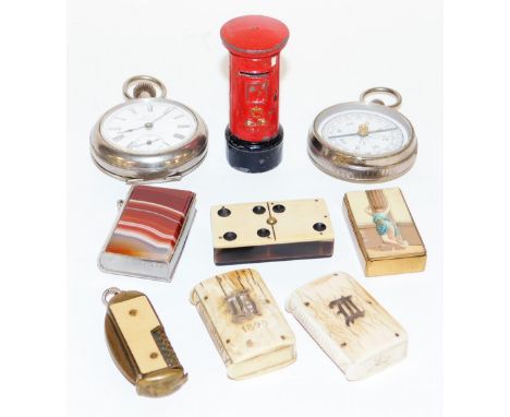 Various trinket cases, to include two ivorine books, with applied silver crests, a domino match case,  miniature letter box, 