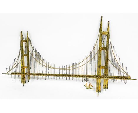 A gold gate bridge by Curtis Jere, signed and dated to corner 1976, in soldered metal, 137cm wide, 82cm high, 8cm deep.  