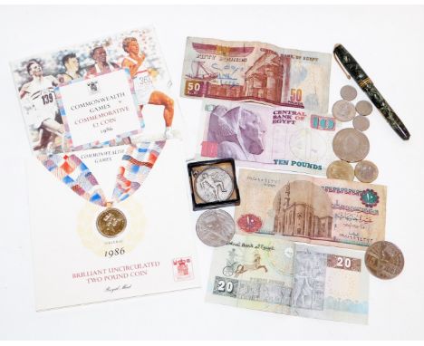 Various coins, notes and ephemera, to include the Commonwealth Games commemorative two pound coin 1986, in case, a silver spo